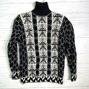 Vintage Amanda Fielding Chunky Turtleneck Tunic Sweater Black White Geometric L